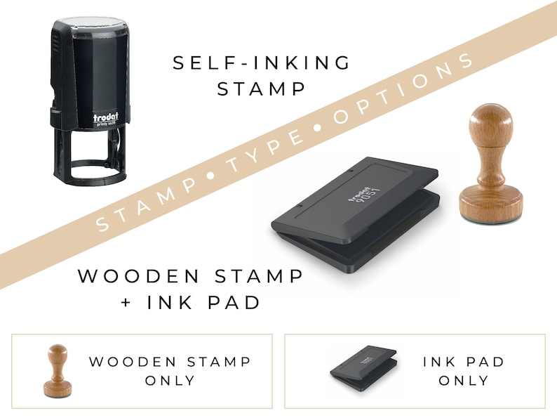 May include: Three different types of self-inking stamps. The first is a black self-inking stamp with a clear top. The second is a black self-inking stamp with a hinged lid. The third is a wooden stamp with a brown ink pad.