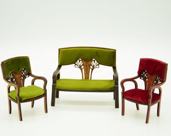 Kit de fauteuils miniatures Art nouveau pour maison de poupée, échelle 1:12, canapé miniature