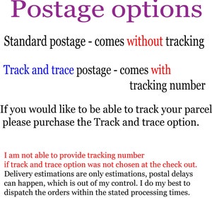 May include: Text explaining the postage options for an online store. Standard postage comes without tracking, while Track and trace postage comes with a tracking number. The text also explains that delivery estimations are only estimations and postal delays can happen.