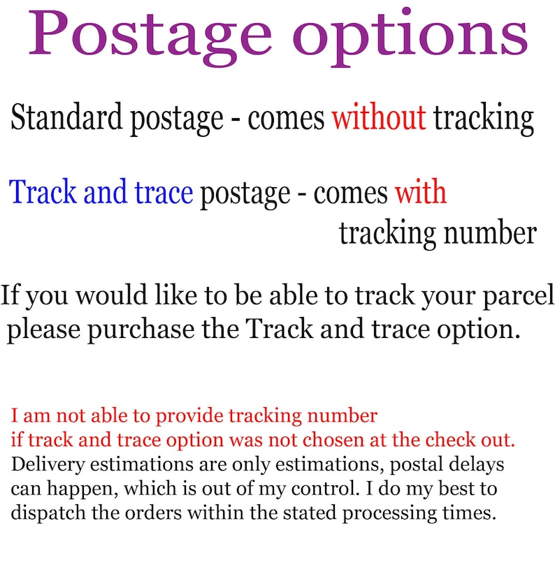 May include: Text explaining the postage options for an online store. Standard postage comes without tracking, while Track and trace postage comes with a tracking number. The text also explains that delivery estimations are only estimations and postal delays can happen.