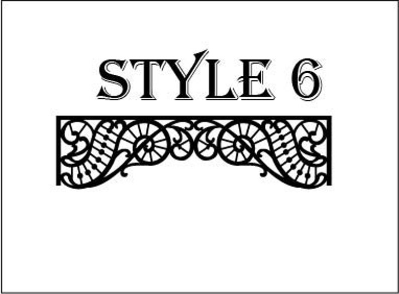 May include: A decorative metal design with a scrollwork pattern. The design is in a black color and has a vintage style.