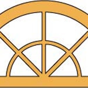 May include: A wooden arched window with a decorative, geometric, fan-shaped design. The window is made of wood and has a light brown stain.
