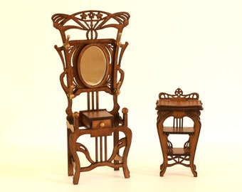 Dollhouse miniature hall stand and telephone table  1:12 diy kit,  Art nouveau hat tree dolls house