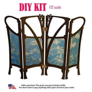 May include: A 1:12 scale DIY kit for a four-panel folding room divider. The dark brown wooden frame features curved, open-work detailing and metal hinges. Each panel is inset with a light blue fabric print depicting white almond blossoms.
