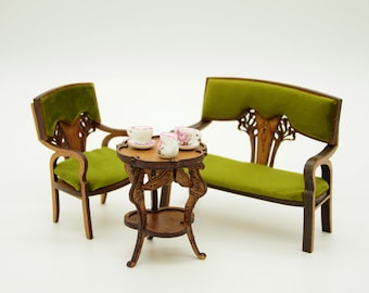 1:12 Dollhouse miniatures art nouveau table and armchair diy kit
