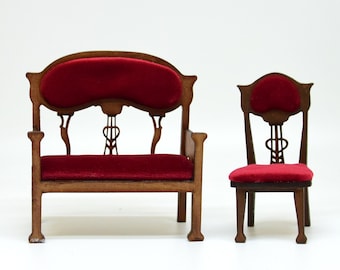 1:12 scale miniature dollhouse settee and chair,  Dolls house loveseat bench and chair one inch scale