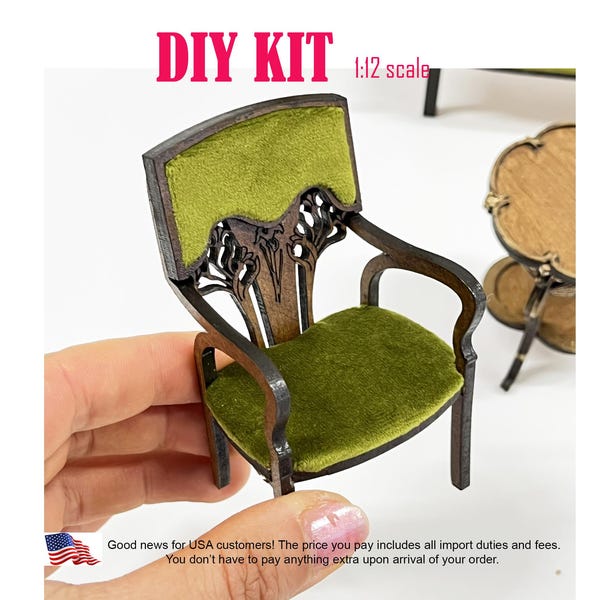 Art Nouveau miniature dollhouse armchair DIY kit, scale 1:12