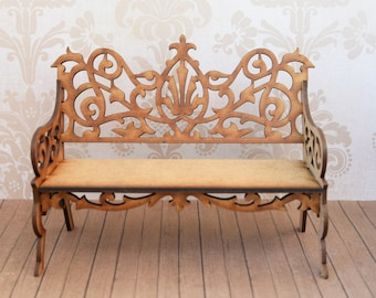 Miniature garden bench DIY kit, scale 1:12 and 1 24, One inch, half inch settee, Dollhouse furniture