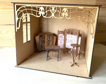 1:12 scale Dollhouse miniature roombox kit with fretwork panel
