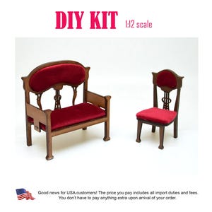 1:12 scale miniature dollhouse settee and chair DIY kit, Dolls house loveseat bench and chair one inch scale