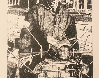 May include: Black and white illustration of a person sitting on a scooter. The person is wearing a jacket and has short hair. The scooter has a large headlight and a grill.