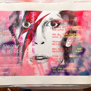 Original hand drawn street art style pointillism David Bowie Aladdin sane