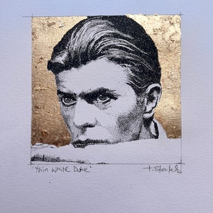 Original hand drawn pointillism portrait of David Bowie as the thin white duke.