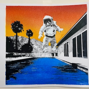 May include: A white astronaut figure floats above a blue swimming pool with a black border. The background is a sunset with palm trees and a building with windows.