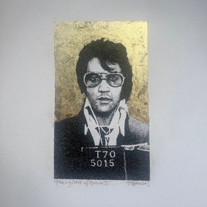 Elvis mugshot hand drawn original with gold leaf