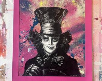 Handgetekend pointillisme Mad Hatter van Alice in wonderland Johnny Depp