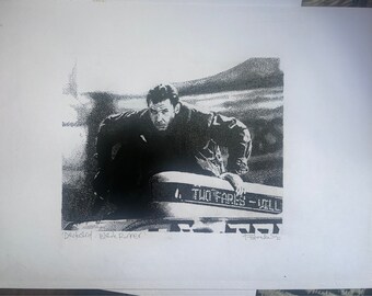 Hand drawn bladerunner Deckard running through LA