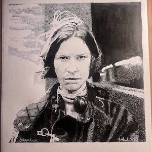Hand drawn pointillism portrait of Aphex Twin.