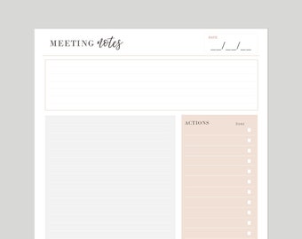 Meeting Notes | Actions List | Planning | Digital PDF | Printable | Notes and Checklists | A5 and Letter Sizes
