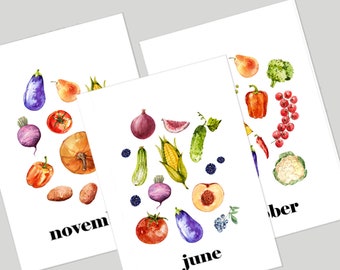Seasonal Produce 12 Month Calendar | Mini Posters | Digital PDF | Printable | Fruit and Vegetable Posters