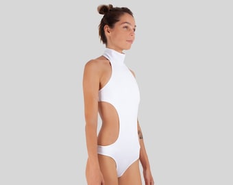 Women Swimsuit Surf Pole Dance - Monokini One-Piece Turtle Neck White