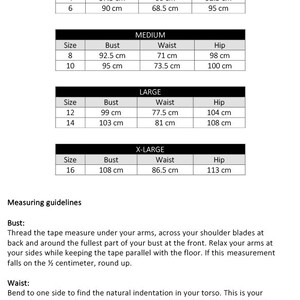 May include: Size chart for swimwear with bust, waist, and hip measurements in centimetres. The chart includes sizes from 0 to 16, with corresponding measurements for each size. The chart also includes sizing tips for tops and bottoms.