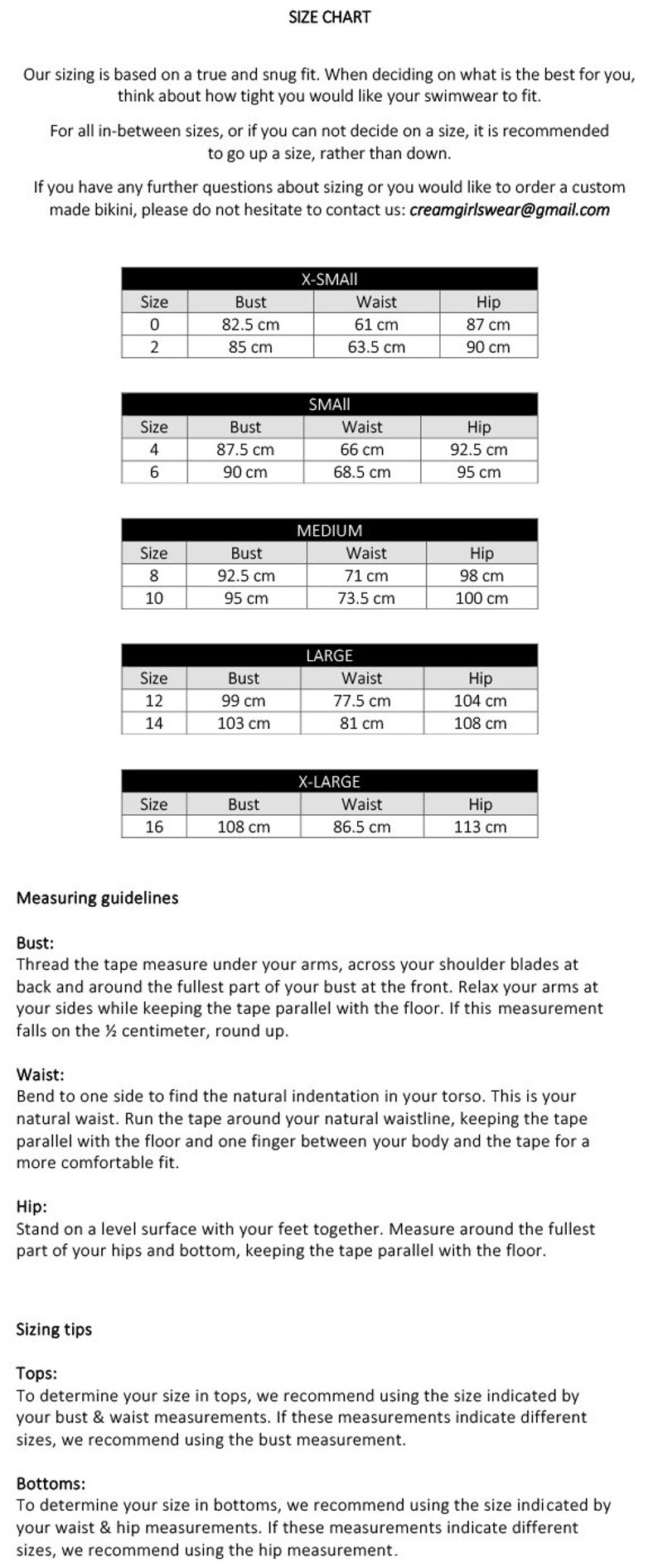 May include: Size chart for swimwear with bust, waist, and hip measurements in centimetres. The chart includes sizes from 0 to 16, with corresponding measurements for each size. The chart also includes sizing tips for tops and bottoms.