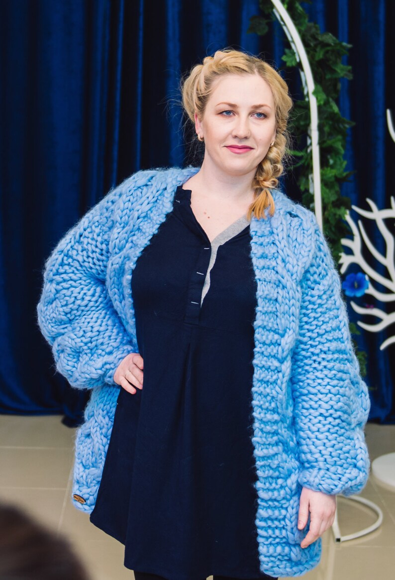 Chunky merino yarn jacket sky blue color knit coat big yarn Etsy