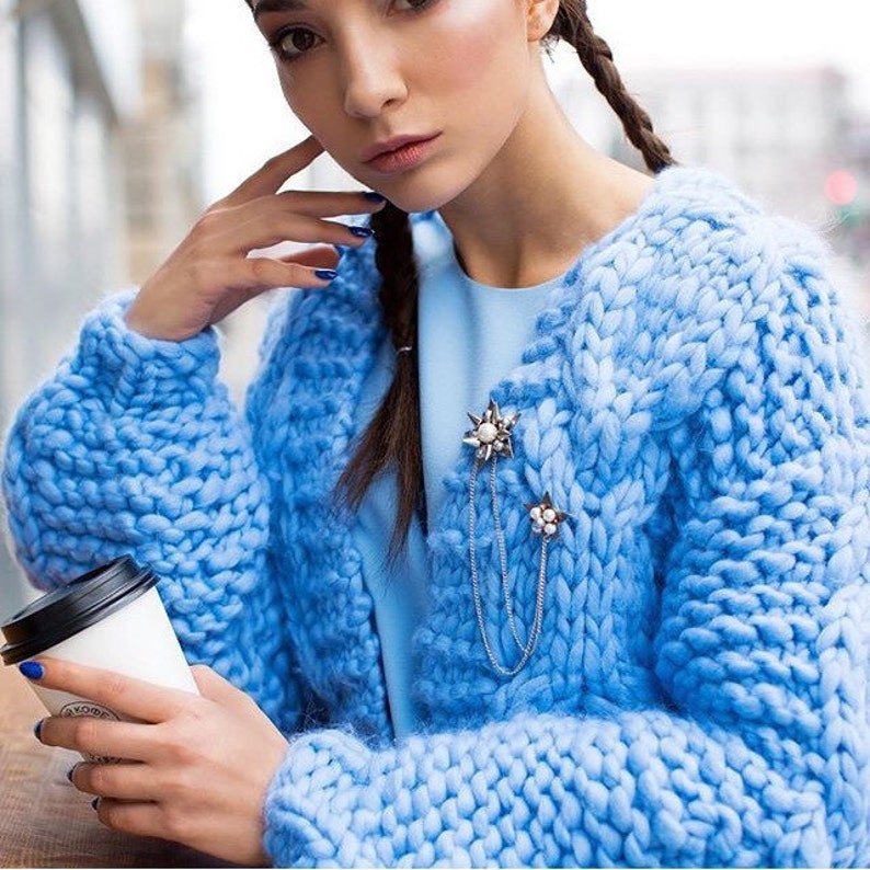 Chunky merino yarn jacket sky blue color knit coat big yarn Etsy
