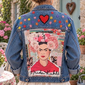 May include: A blue denim jacket featuring a large back patch of Frida Kahlo wearing a floral headpiece, with the text Frida Kahlo printed below. The upper back is decorated with a red beaded heart and colourful embroidered flower motifs.
