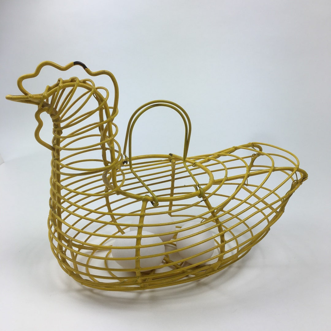 Vintage Farmhouse Wire Chicken Egg Basket With Handles, Coated Yellow