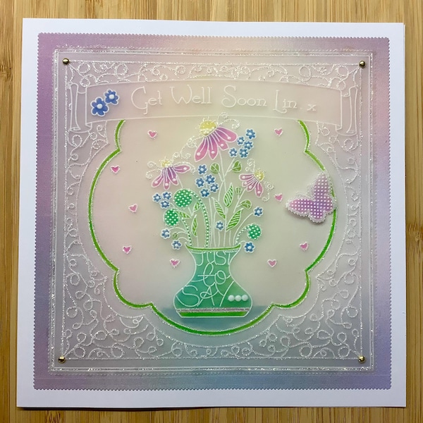 Handmade 7"x7" luxury parchment card “Just to Say - Get Well Soon” - Send  flowers to a loved one on a card, for family or friend