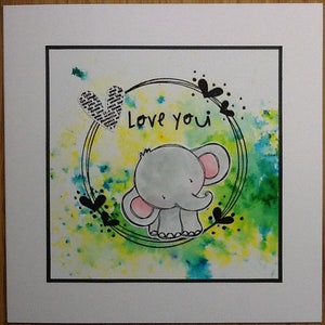 Handmade 7&quot; x 7&quot; Cute Elephant & Heart Wreath &quot;Love You&quot; Card - Valentine Card, Anniversary Card, Hello Card, Just to say Card