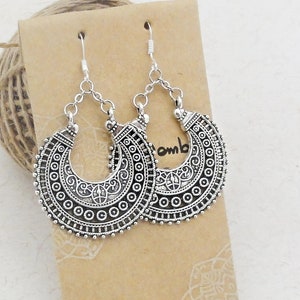 Ethnic earrings, silver filigree tribal earrings, oxidized silver indian chandelier earrings, ethnic indian hoop, tribal fusion, ear clip zdjęcie 1