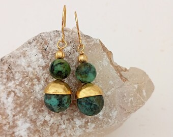 African turquoise earrings, mat gold and green, antique greek jewelry - Boho chic