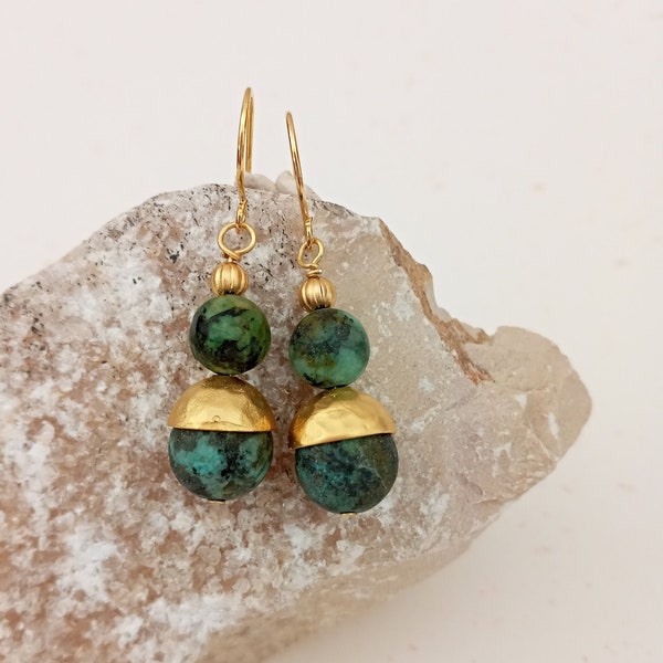 African turquoise earrings, mat gold and green, antique greek jewelry - Boho chic