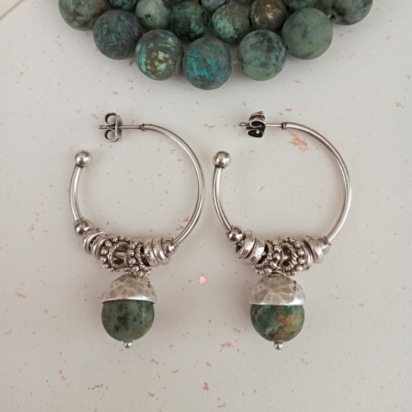 Ethnic ear hoop, oxydized silver hoop, tribal earrings, african turquoise dangle - 3 cm hoop