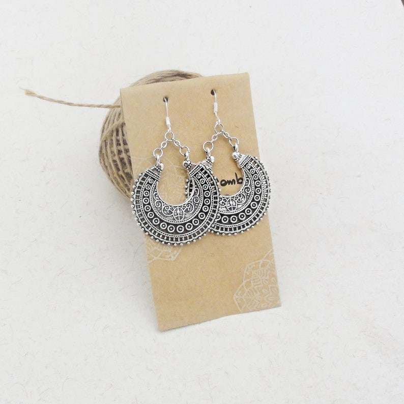 Ethnic earrings, silver filigree tribal earrings, oxidized silver indian chandelier earrings, ethnic indian hoop, tribal fusion, ear clip zdjęcie 1