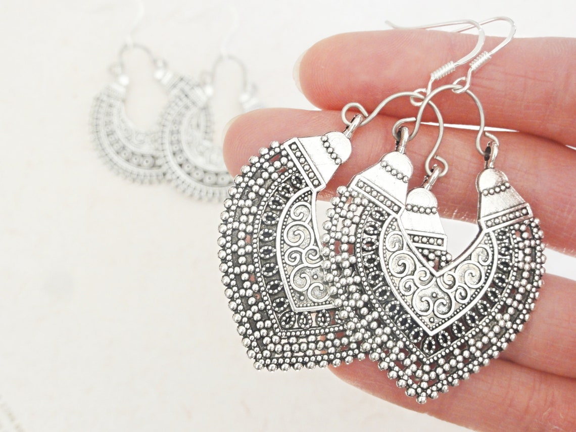 Grandes Boucles D'oreilles Pendantes Tribales Ethniques Miao - Fait Main Argenté - 1 Paire