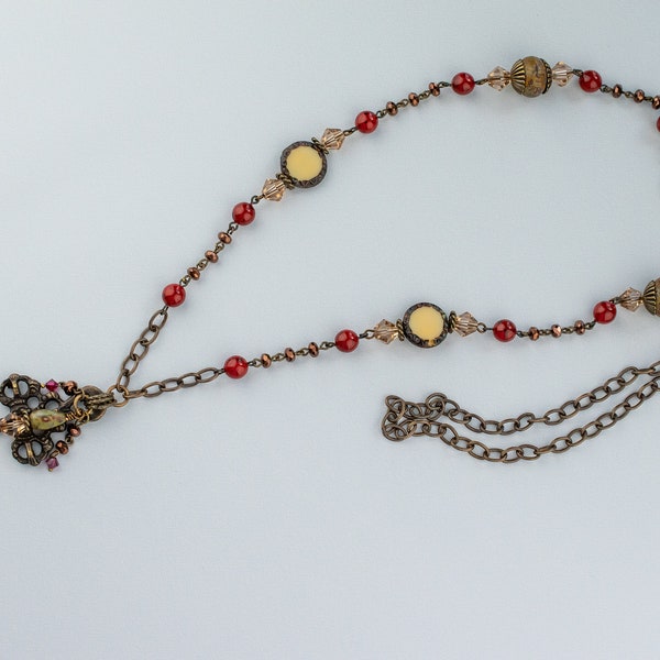 Old World Church Key Pendant Beaded Chain Link Necklace, Red Brown Ivory, Vintage Look Jewelry, Boho Style Accessory, Gift for Her,