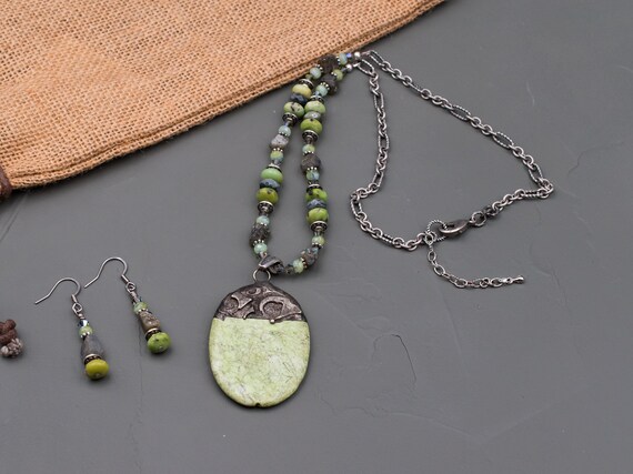 Green Jasper Stone Pendant Beaded Necklace Earrings, Artisan Stamped Soldered, Gemstone Jewelry Set, Casual Style Jewelry, Annivesary Gift