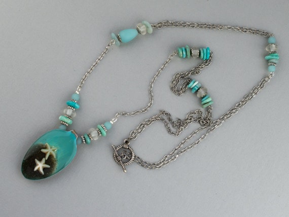 Artisan Scenic Sea Life Turquoise Spoon Pendant Necklace, Seashell Beach Lover, Ocean Lover Jewelry, Beach Wedding, Gift for Her