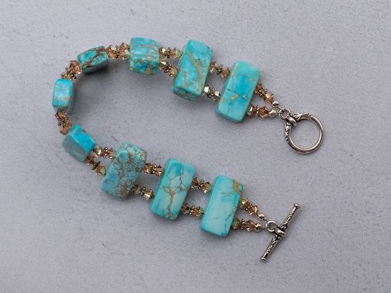 Aqua Blue Impression Jasper Bracelet, Double Drilled Stone, Gemstone Jewelry, Beaded Statement, Boho Casual Accessory, Ocean Lover Gift,