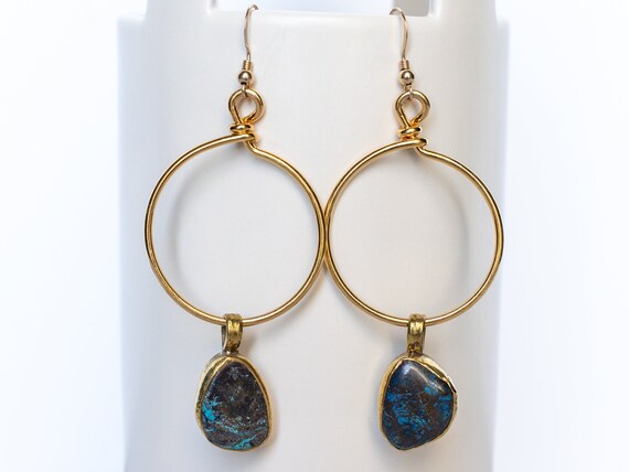 Artisan Shattuckite Stone Gold Charm Hoop Earrings, Gemstone Jewelry,  Everyday Casual Accessory, Simple Statement, Anniversary Gift