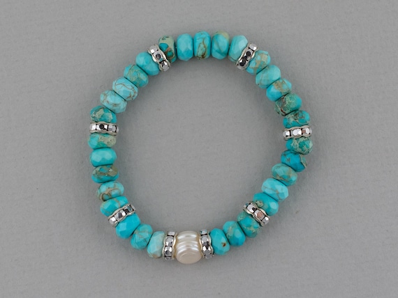 Aqua Blue Stretch Stone Bracelet, Freshwater Pearl, Blue White, Gemstone Stretchy Jewelry, Impression Jasper, Beach Wedding, Women Gift,