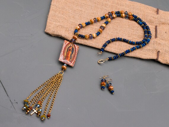 Our Lady Guadeloupe Necklace Earrings, Navy Blue Terracotta, Gemstone Jewelry Set, Christian Faith Gift, Wife Gift, Boho Jewelry