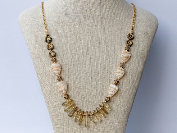 Carved Bronze Yellow Ivory Agate Leaves, Lemon Quartz Stone Necklace,  Gemstone Jewelry, Boho Accessory, Summer Fall, Gift for Mother, Wife