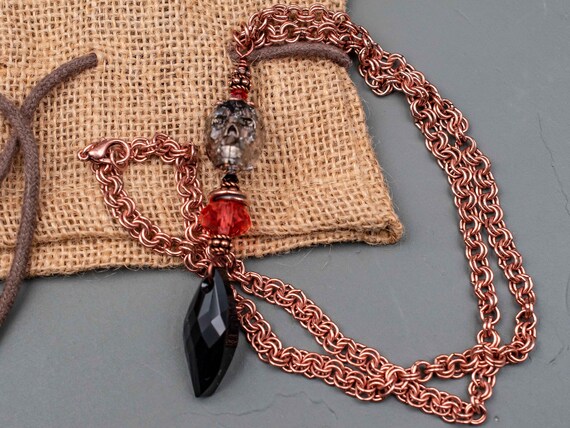 Premium Crystal Skull Pendant Halloween Necklace, Halloween Boho Jewelry, Orange Black Copper, Fall Autumn Accessory, Mom Gift, Gift for Her