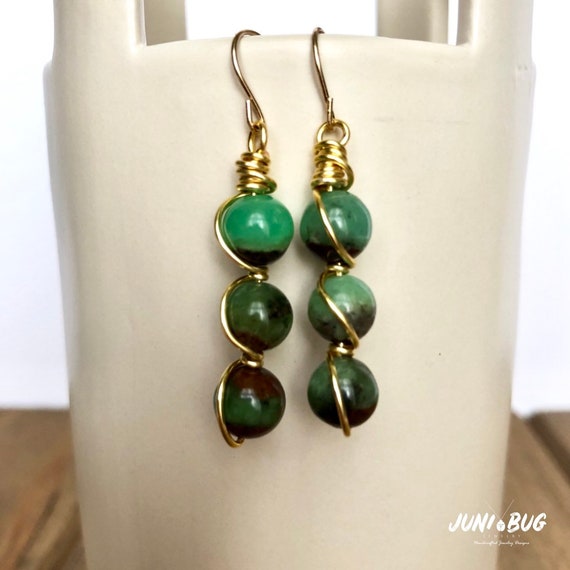 Boulder Australian Chrysoprase Earrings, Apple Green Brown Stone, Wire wrapped Jewelry, Earthy Accessory, Gift for Her