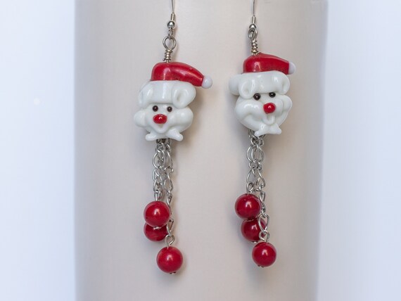 Christmas Red White Santa Mouse Coral Bamboo Silver Earrings, Stocking Stuffer, Holiday Jewelry, Party Outfit Accessory, Bestfriend Gift